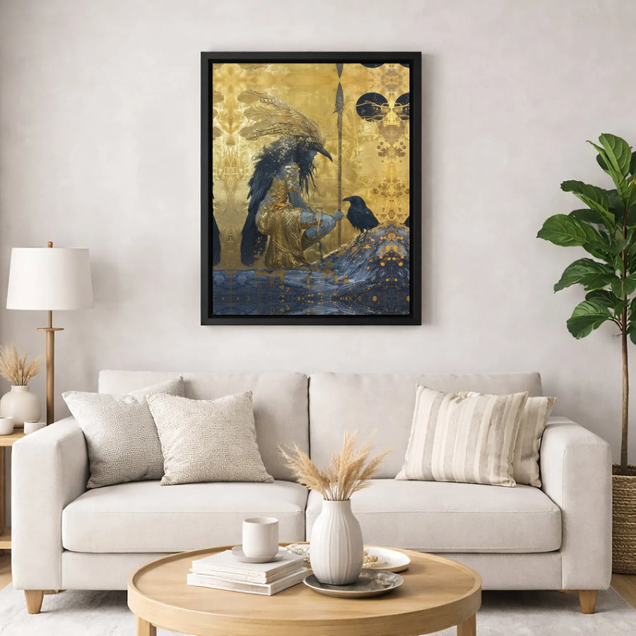 Golden Raven Warrior Canvas Art | Mythical Bird Fantasy Print | Premium Gallery Wrapped Wall Decor | Gothic Home Office Wall Art Gift