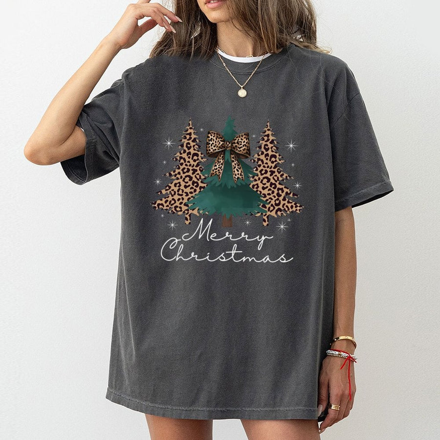 Leopard Print Christmas Tree T-Shirt | Coquette Bow Holiday Graphic | 100% Cotton Premium Tee | Festive Women's Gift Apparel
