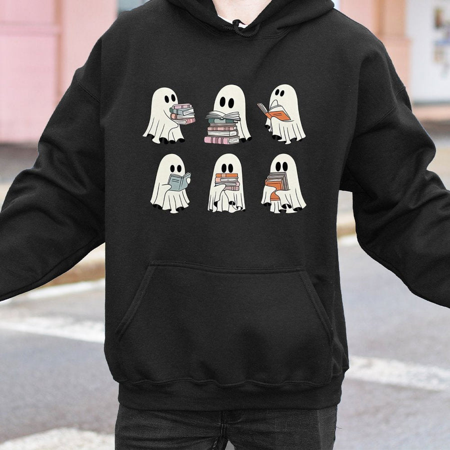 Reading Ghost Hoodie | Cute Ghost With Books Graphic | Premium Cotton Blend Sweatshirt | Book Lover Gift for Teachers and Students