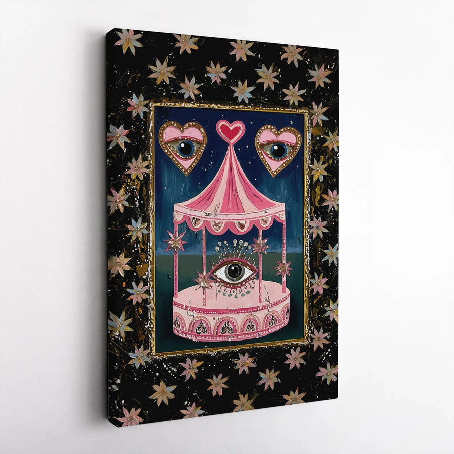 Surrealist Carousel Canvas Wall Art | Pink Gothic Whimsical Aesthetic | Gallery Wrap Premium Print | Unique Home Decor Gift for Eccentric Art Lovers