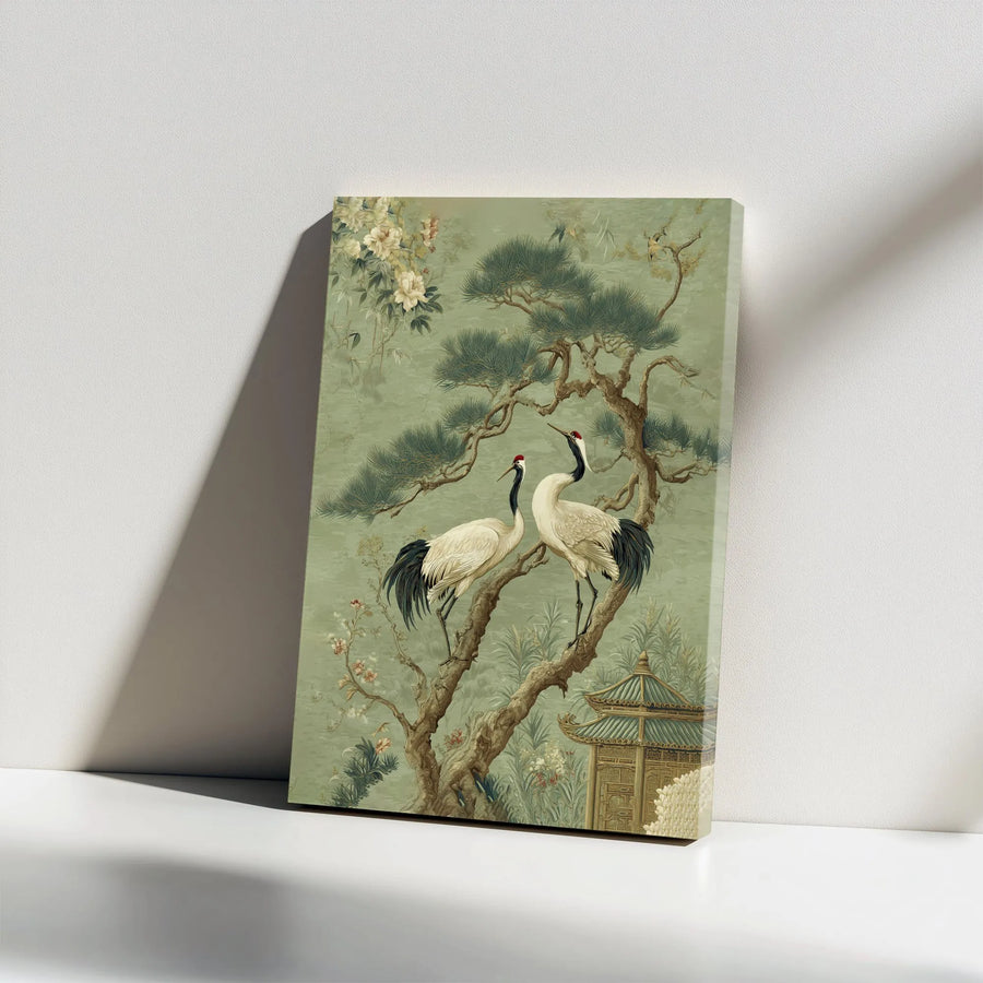 Chinoiserie Crane Canvas Wall Art | Vintage Asian Inspired Pine Tree Print | 1.25" Thick Gallery Wrap | Elegant Home Decor Gift