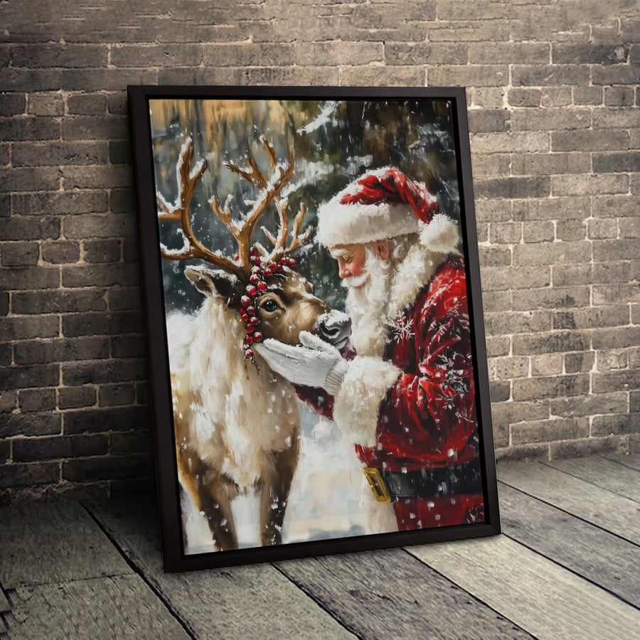 Santa Claus Reindeer Canvas Print | Winter Forest Holiday Wall Art | Premium Fade-Resistant Gallery Wrap | Festive Christmas Home Decor Gift