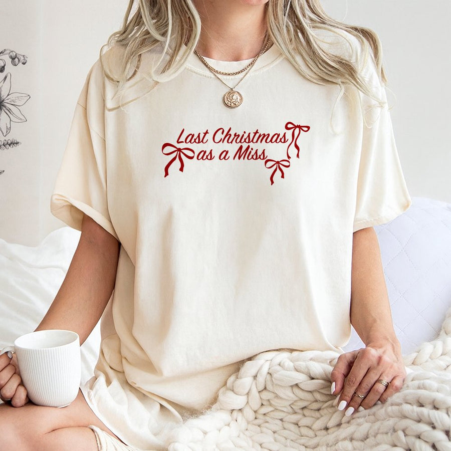Last Christmas as a Miss T-Shirt | Elegant Bow Design Graphic Tee | 100% Cotton Premium Quality | Engagement Gift for Bride to Be