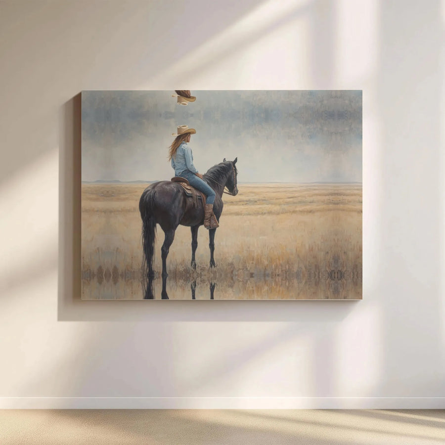 Western Cowgirl Wall Art | Equestrian Prairie Field Landscape | Premium Gallery Wrapped Canvas | Rustic Farmhouse Decor Gift