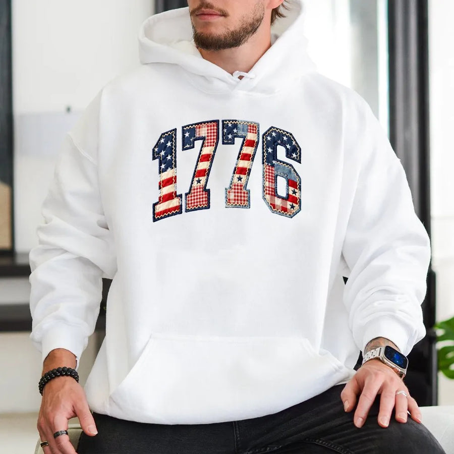 1776 Patriotic Hoodie | Faux Patchwork American Flag Design | Premium Soft Cotton Blend Sweatshirt | Fourth of July Anniversary Gift