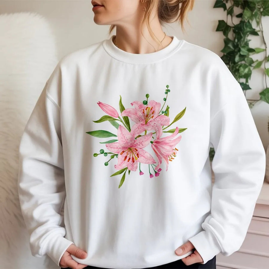 Pink Lily Sweatshirt | Watercolor Floral Botanical Graphic | Soft Cotton Blend Sweatshirt | Unisex Aesthetic Gardener Gift