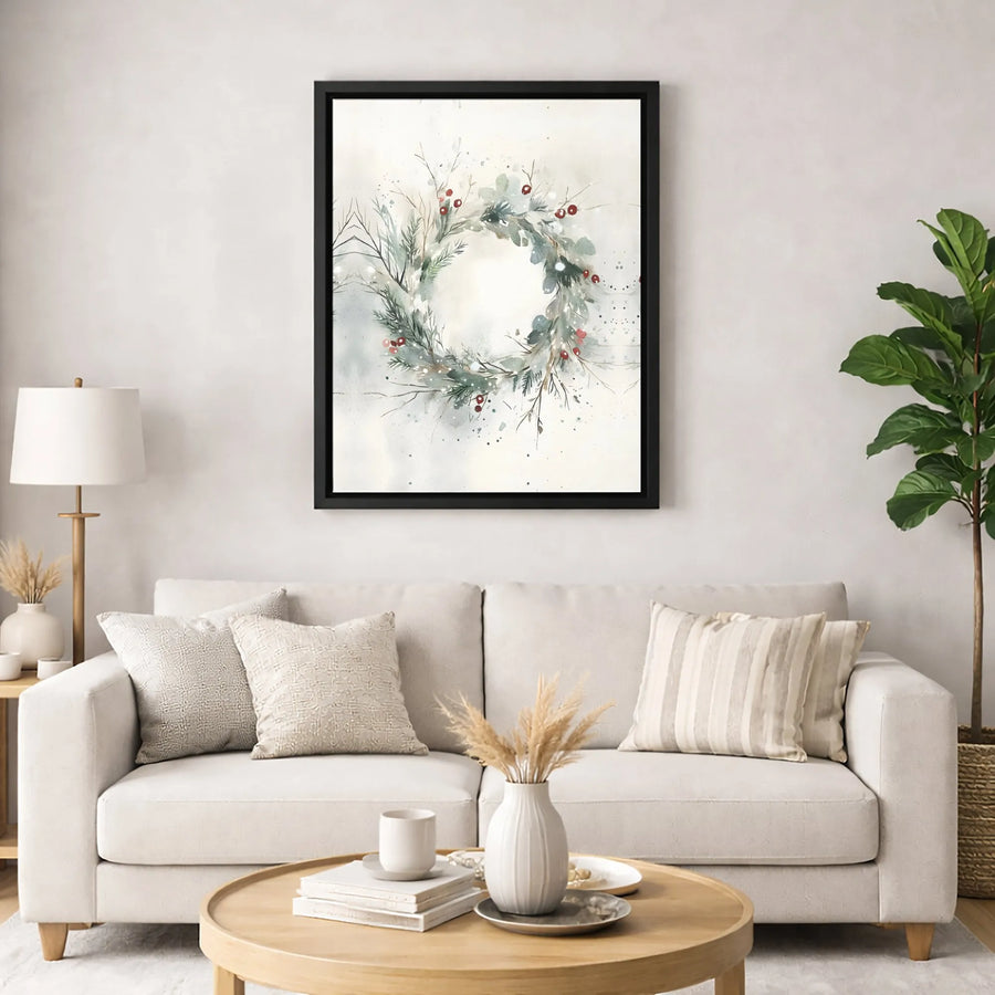 Watercolor Winter Wreath Wall Art | Red Berry Holiday Botanical Decor | Premium Gallery Wrap Canvas | Festive Christmas Gift for Home