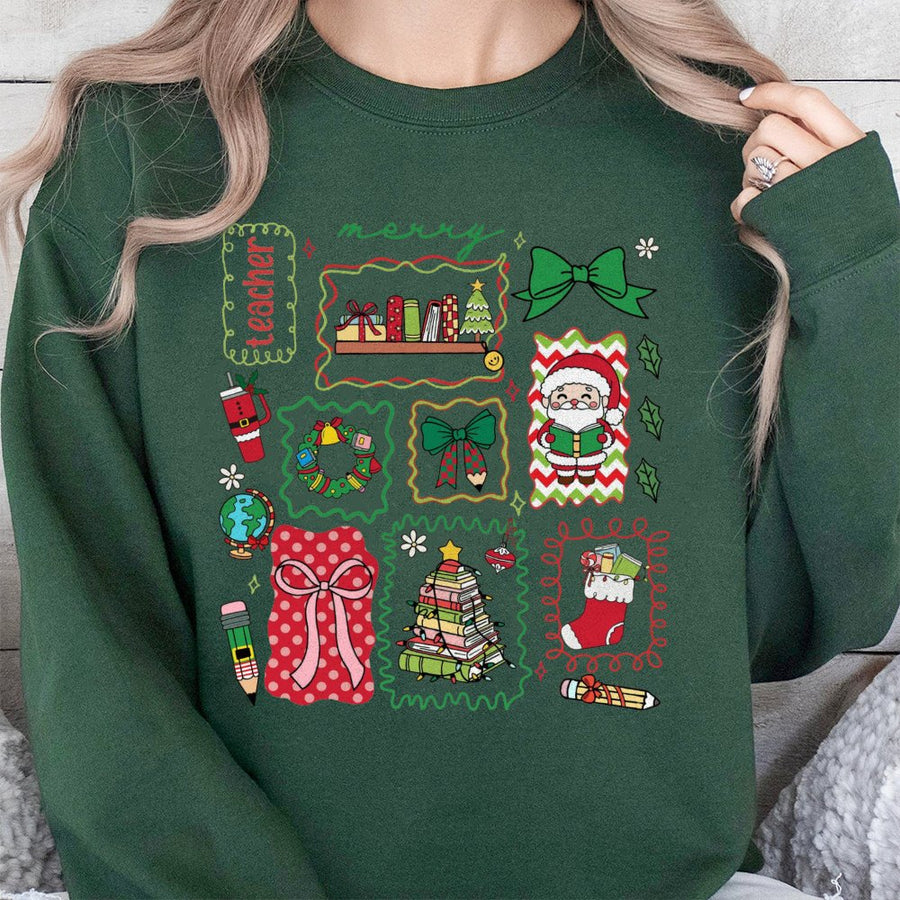 Merry Teacher Christmas Sweatshirt | Festive School Supplies Graphic Print | Premium Cotton-Poly Blend | Perfect Holiday Gift For Teachers