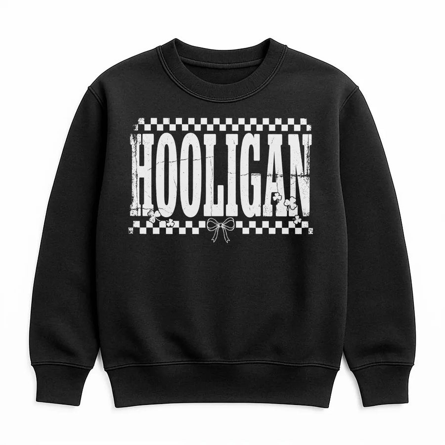 Hooligan St. Patricks Day Sweatshirt | Retro Checkerboard Shamrock Graphic | Premium Cotton Blend Crewneck | Irish Gift for Women & Men