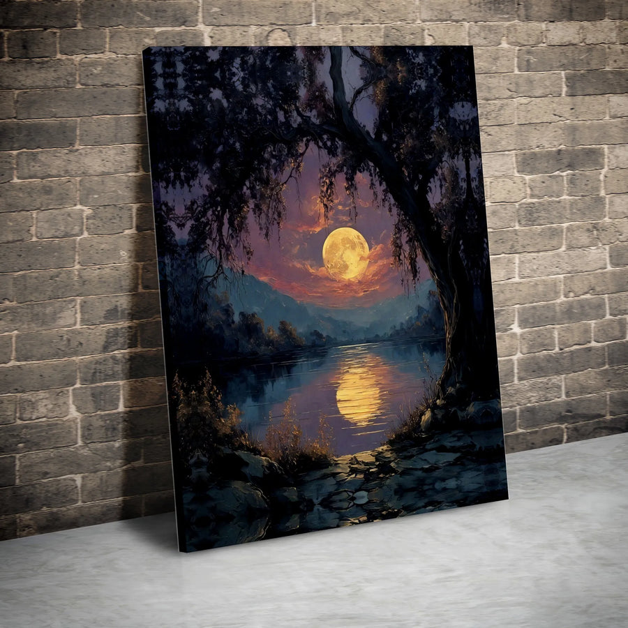 Full Moon Lake Canvas Wall Art | Serene Night Landscape Painting | Gallery Wrapped 1.25” Thick Premium Print | Nature Decor Gift for Home Office