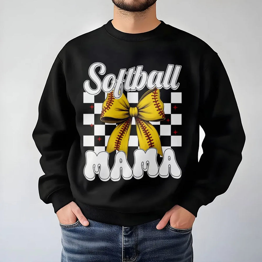 Softball Mama Sweatshirt | Retro Checkerboard Bow Graphic | Premium Cotton Blend | Game Day Apparel Gift for Baseball Mom