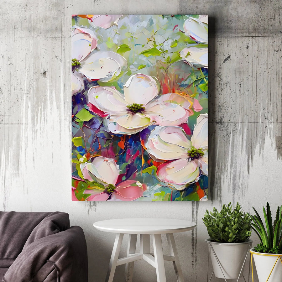 White Dogwood Flower Canvas Wall Art | Colorful Impasto Floral Painting | Premium Gallery Wrap | Modern Home Decor Gift