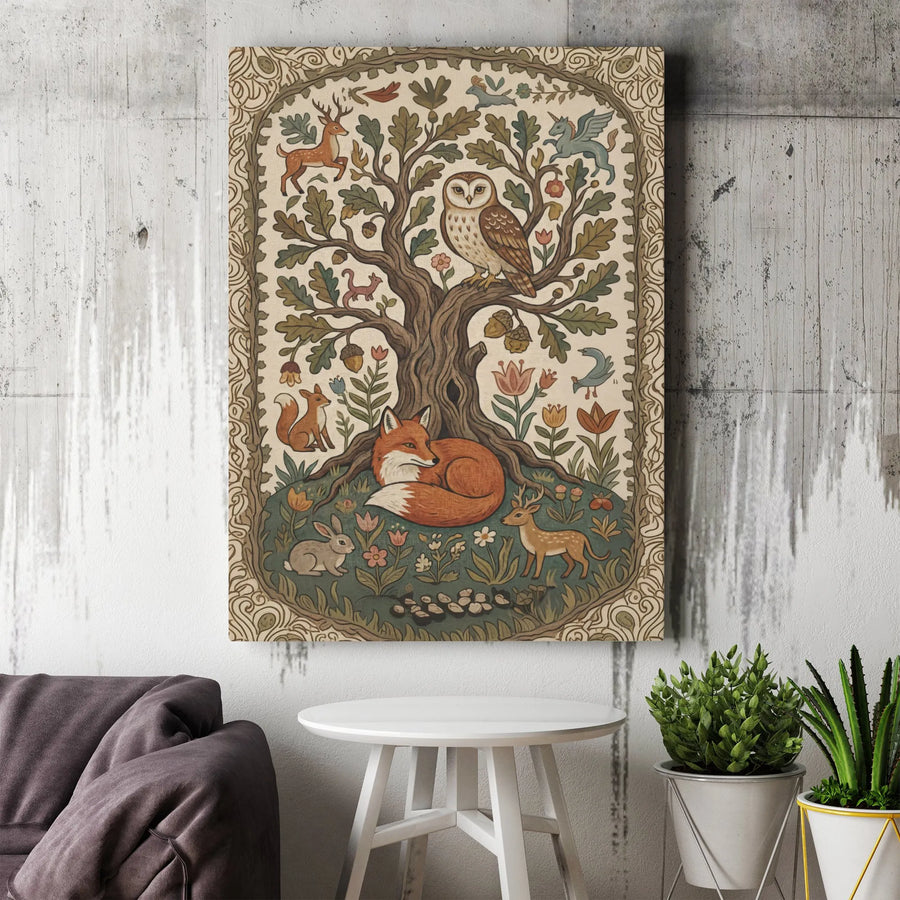 Tree of Life Canvas Print | Vintage Woodland Animals Illustration | Premium Gallery Wrapped Canvas | Boho Nursery Wall Decor Gift
