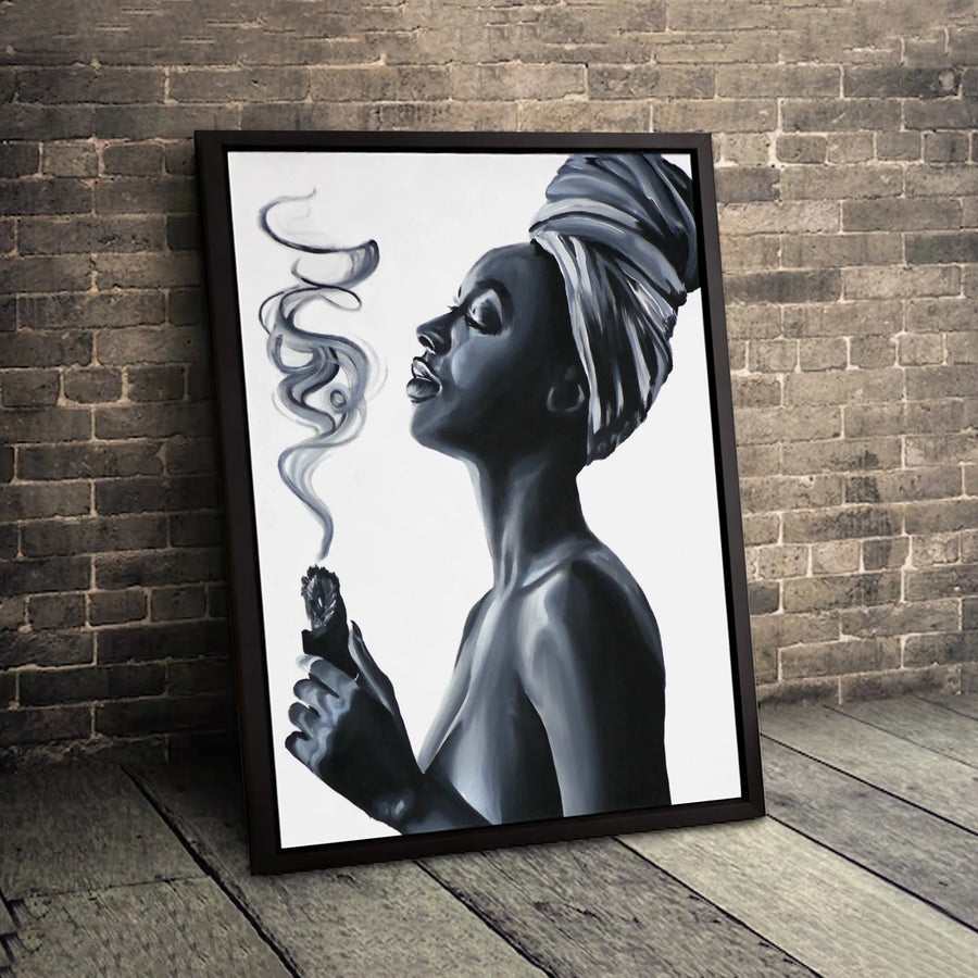 Black Woman Portrait Canvas Art | Sage Smudging Spiritual Decor | Premium 1.25" Framed Wall Print | Aesthetic Boho Home Gift for Her