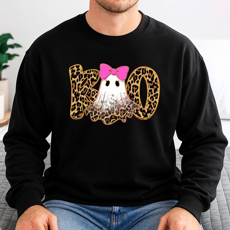 Leopard Ghost Sweatshirt | Preppy Boo Coquette Halloween Design | Premium Cotton Blend | Trendy Fall Gift for Women and Girls