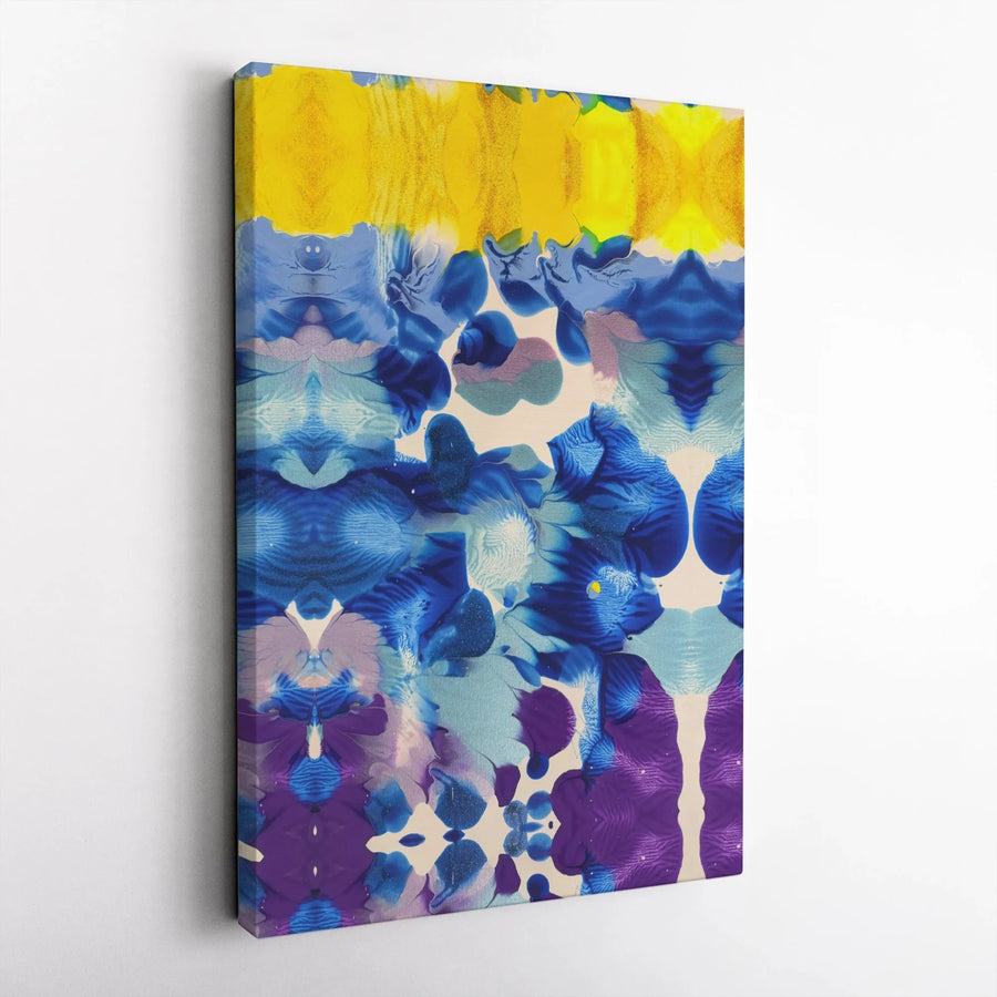 Abstract Canvas Wall Art | Symmetrical Blue Yellow Purple Fluid Painting | Premium Gallery Wrapped Decor | Modern Home Office Gift