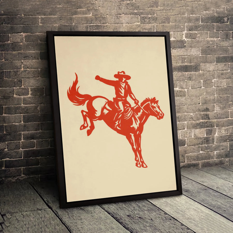 Bucking Bronco Wall Art | Red Western Cowboy Silhouette Print | Premium Gallery Wrapped Canvas | Rustic Southwestern Home Decor Gift
