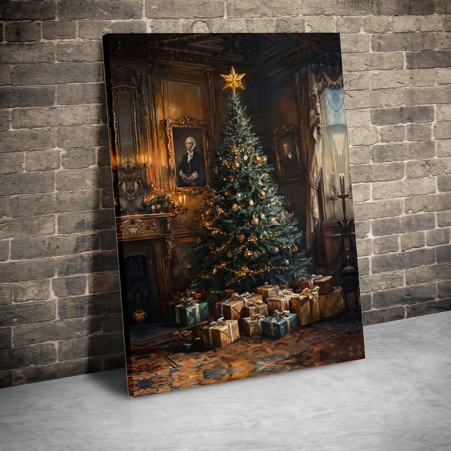 Vintage Colonial Christmas Tree Wall Art | Historical Library Holiday Decor | Premium Fade-Resistant Canvas | Classic Christmas Home Gift