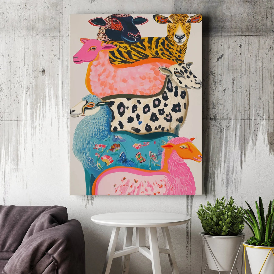 Stacked Sheep Wall Art | Colorful Farm Animal Canvas Print | Premium Gallery Wrapped Decor | Whimsical Nursery or Office Gift