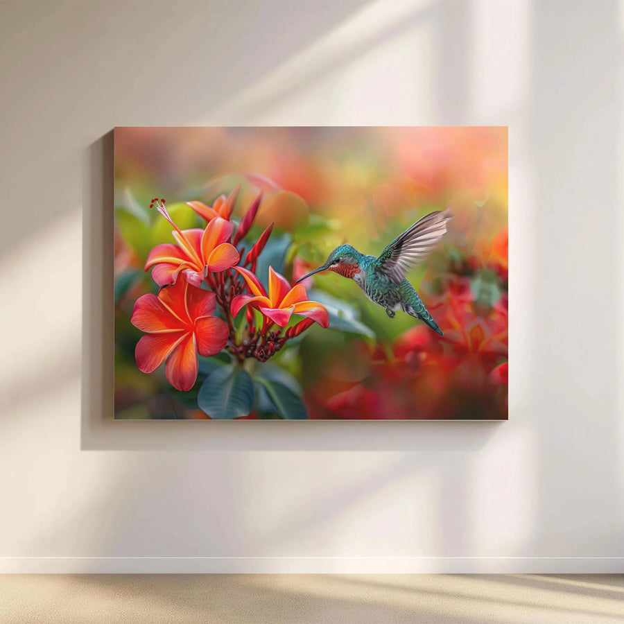 Hummingbird and Red Plumeria Canvas Wall Art | Vibrant Tropical Bird Photography | Premium 1.25" Gallery Wrap | Nature Lover Home Decor Gift