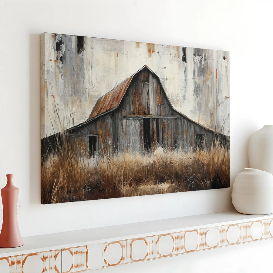 Art mural sur toile grange rustique | Impression de peinture abstraite texturée | Toile de qualité supérieure | Cadeau de décoration de salon style maison de campagne moderne