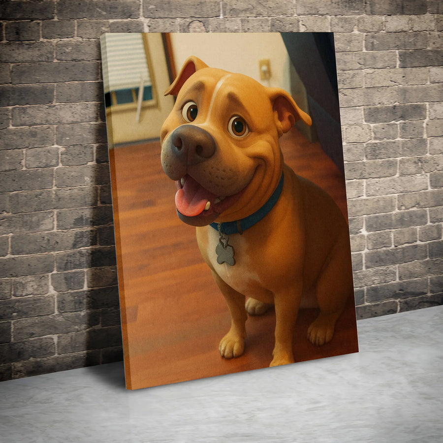 Pit Bull Wall Art | Happy Smiling Dog Cartoon Portrait | Gallery-Quality 1.25 Inch Canvas | Cute Pet Lover Home Decor Gift
