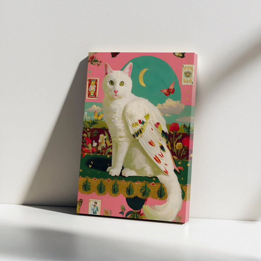 Mystical Cat Canvas Wall Art | Winged Angel Cat with Tarot Cards | Premium Unframed Print | Whimsical Home Decor Gift for Cat Lovers