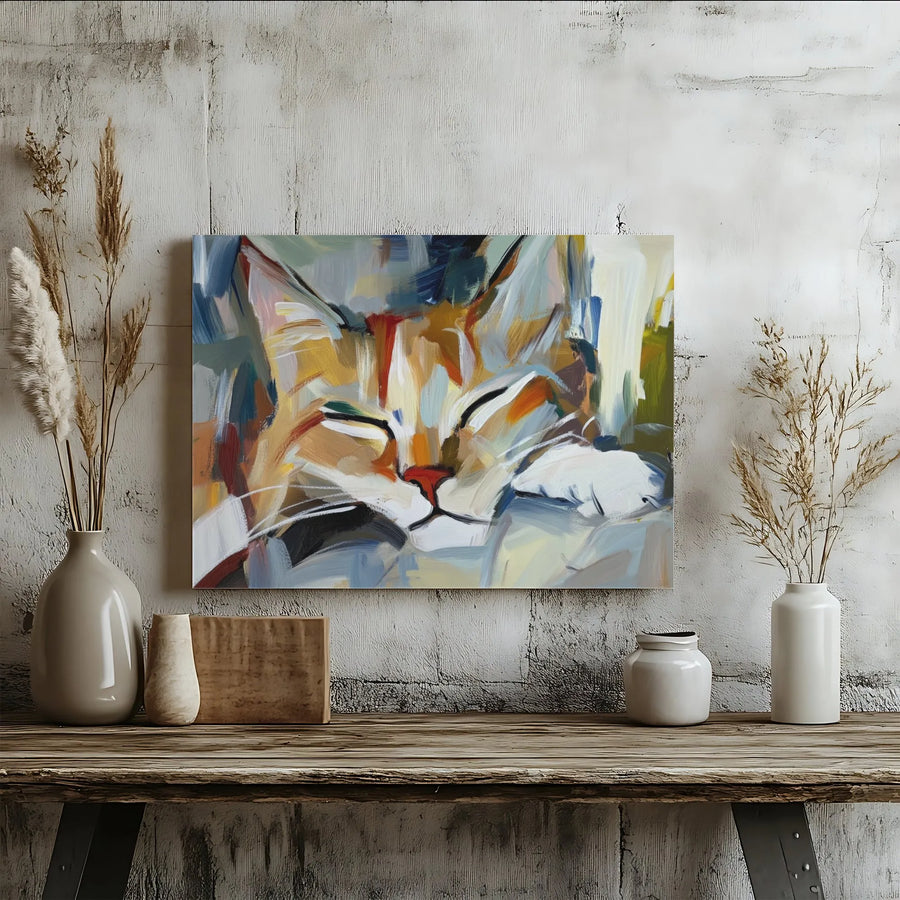 Abstract Sleeping Cat Canvas Art | Colorful Impressionist Pet Portrait | Premium Gallery-Wrapped Print | Modern Home Decor Gift for Cat Lovers