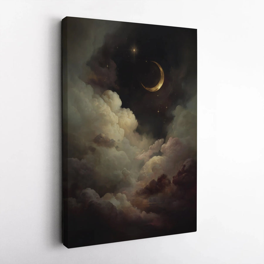 Golden Crescent Moon Canvas Print | Celestial Cloudy Night Sky Wall Art | 1.25” Gallery Wrap | Moody Aesthetic Decor For Bedroom Or Office