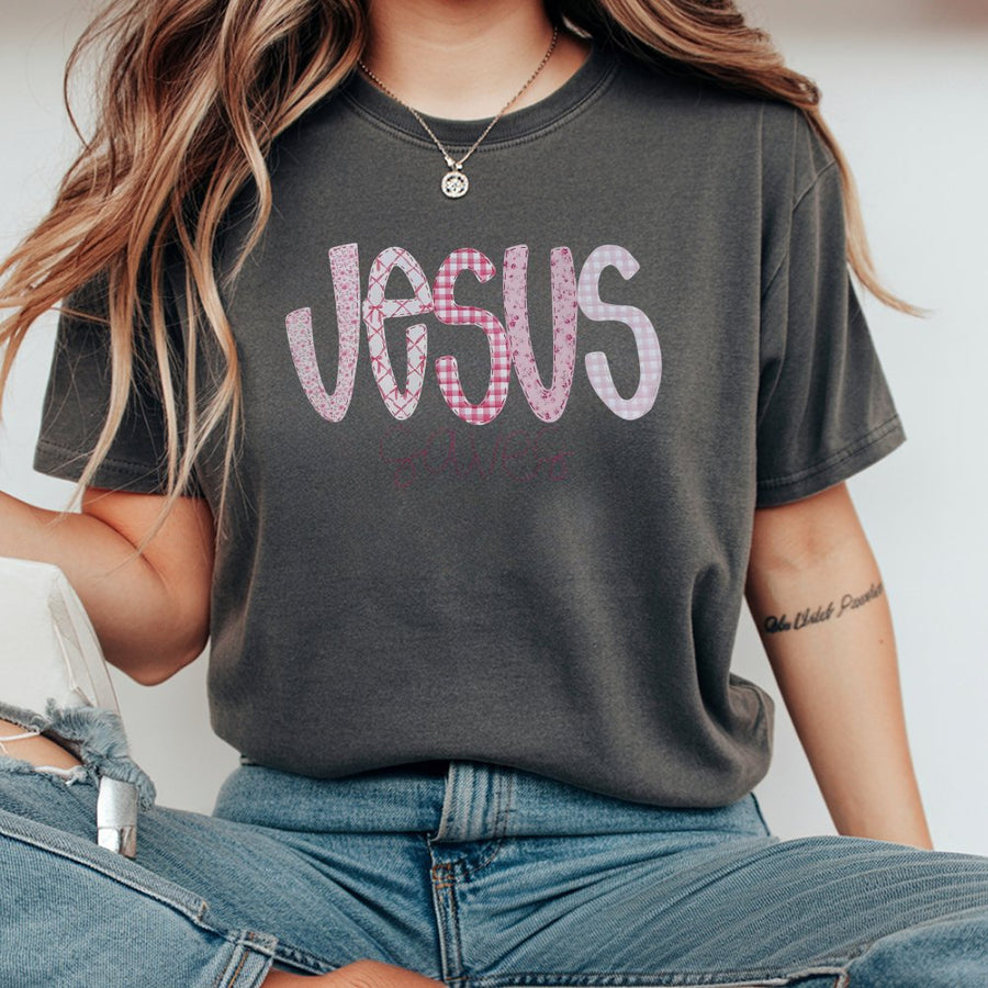 Jesus Saves T-Shirt | Pink Floral Gingham Christian Aesthetic Graphic | 100% Premium Cotton Tee | Religious Gift for Women Faith Based Apparel