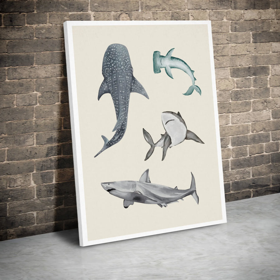 Watercolor Shark Wall Art | Whale Shark Hammerhead Great White Print | Gallery Quality 1.25-inch Canvas | Coastal Nautical Home Decor Gift