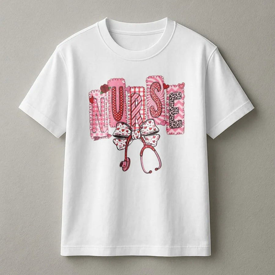 Nurse Valentine T-Shirt | Coquette Stethoscope Bow Graphic | Premium Soft Cotton | Cute Heart Nursing School Gift for Her