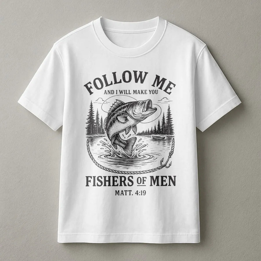 Fishers Of Men T-Shirt | Matthew 4:19 Christian Bible Verse | 100% Cotton Premium Graphic Tee | Religious Fishing Gift For Men And Women