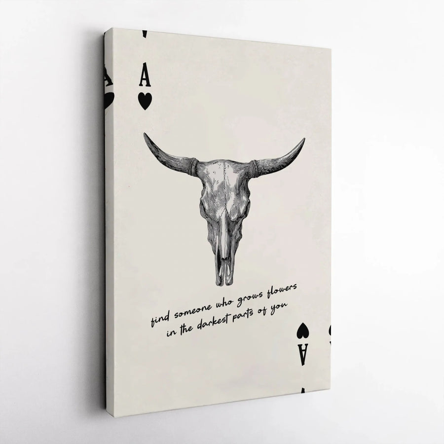 Bull Skull Ace Card Canvas Print | Western Gothic Decor with Inspirational Quote | Premium Fade-Resistant Wall Art | Unique Romantic Gift for Him or Her