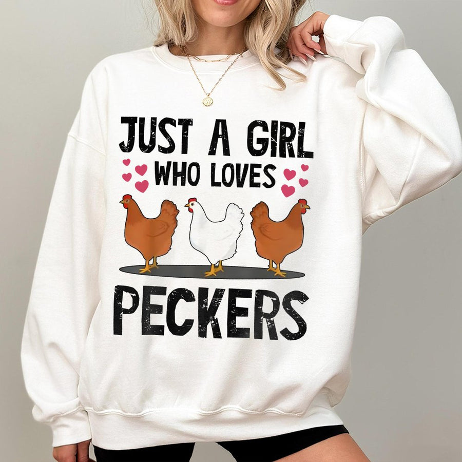 Chicken Sweatshirt | Just A Girl Who Loves Peckers Funny Chicken Lover Design | Premium Cotton Blend | Gift For Farmers And Hen Keepers