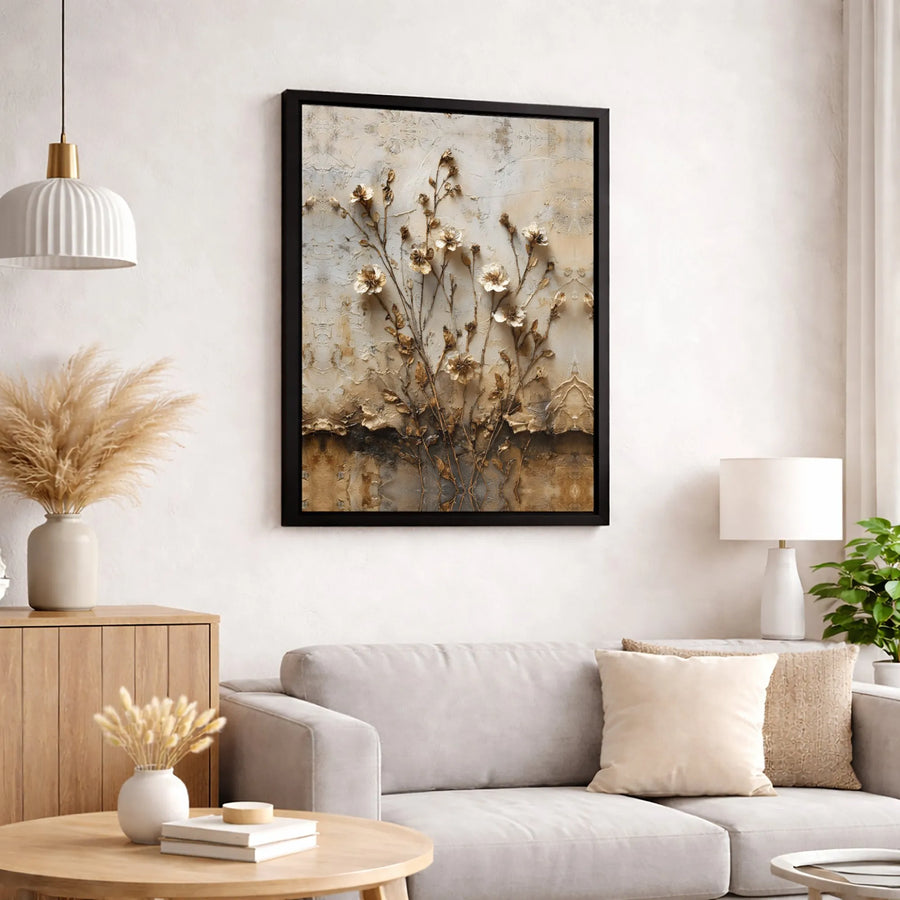 Abstract Gold Floral Canvas Wall Art | Textured 3D Botanical Print | Premium Gallery Wrapped Decor | Modern Minimalist Living Room Home Gift