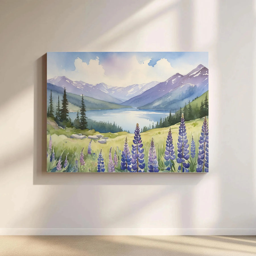 Mountain Landscape Canvas Wall Art | Watercolor Lake Scene with Lupine Wildflowers | Premium Gallery Quality Print | Nature Inspired Gift for Home Decor