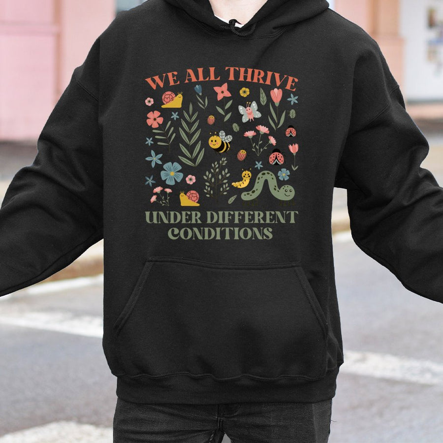 We All Thrive Hoodie | Neurodiversity Awareness Botanical Print | Premium Cotton-Blend Sweatshirt | Teacher Appreciation Gift, Inclusive Mental Health Apparel