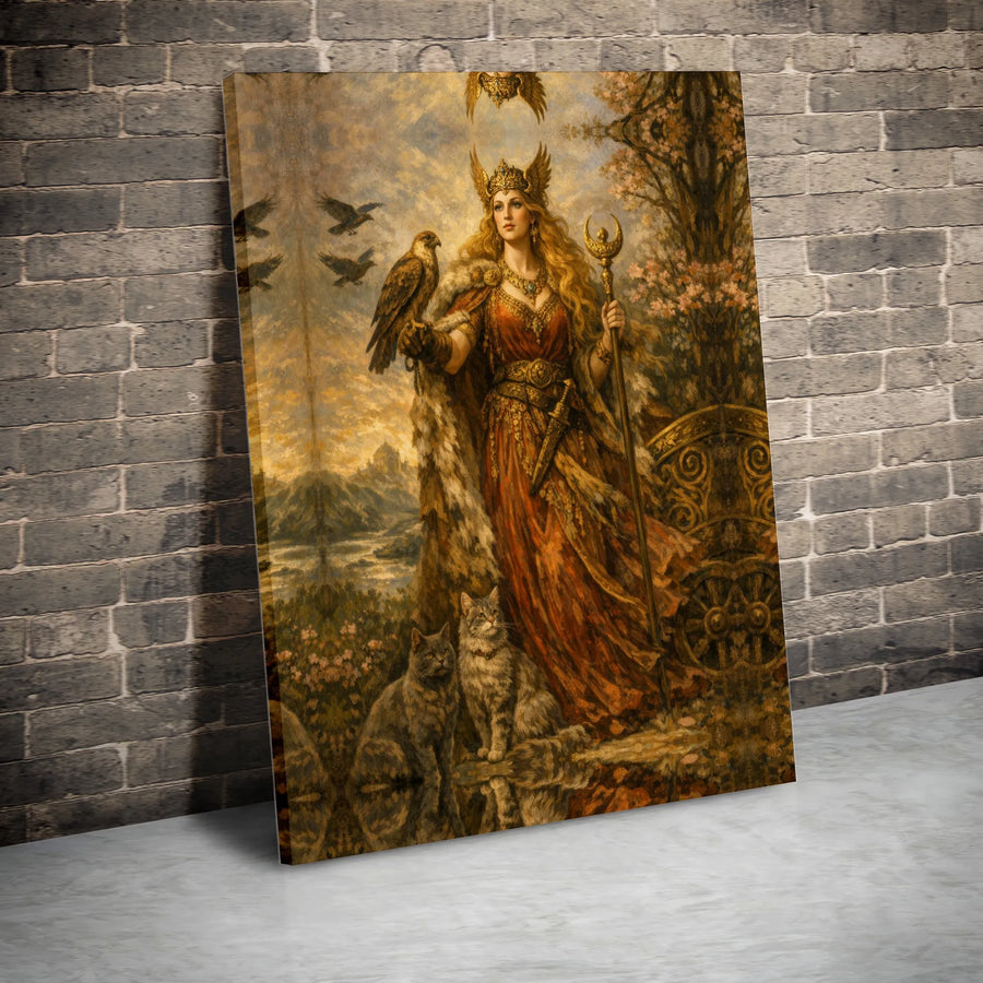 Freya Goddess Canvas Wall Art | Vintage Norse Mythology Print with Cats & Falcon | Premium Gallery Wrapped Canvas | Pagan Home Decor Gift
