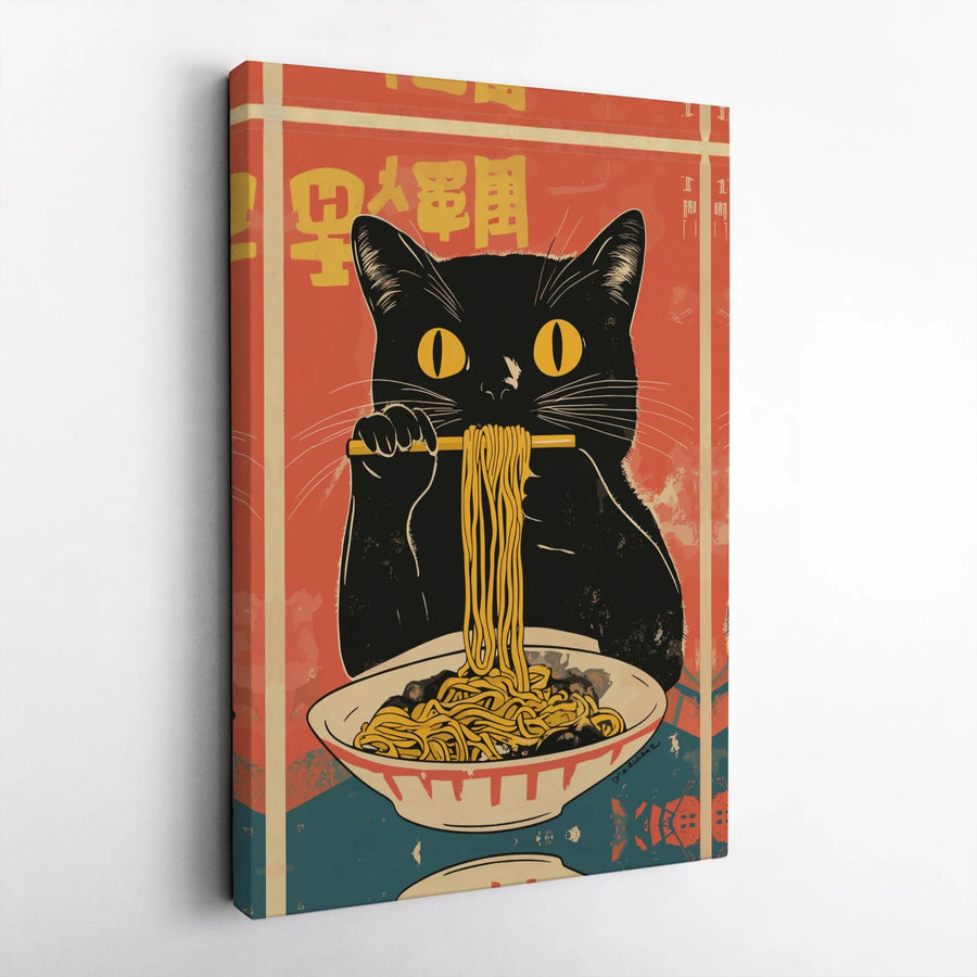 Black Cat Ramen Wall Art | Vintage Japanese Anime Style Poster | 1.25-Inch Premium Gallery Canvas | Unique Kitchen Decor Gift for Cat Lovers