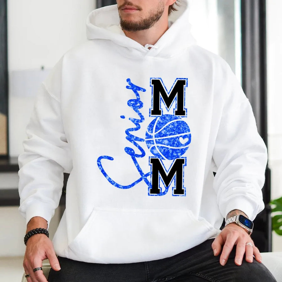 Senior Basketball Mom Hoodie | Glitter Basketball Graphic Design | Cotton-Blend Premium Apparel | Perfect Gift for Proud Basketball Moms
