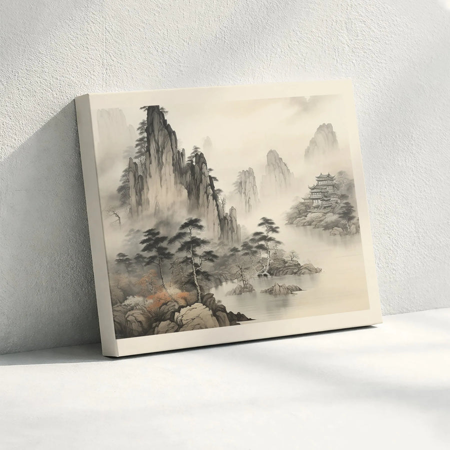 Japanese Ink Wash Painting | Misty Mountain Landscape Wall Art | Premium Canvas Print | Zen Home Decor Gift for Minimalist Office