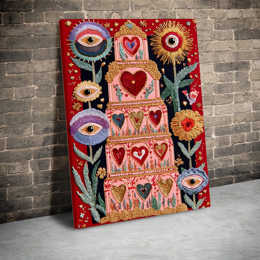 Surreal Heart Cake Canvas Art | Mystical All-Seeing Eye Flowers Print | Gallery-Quality 1.25" Thick Wall Decor | Unique Boho Gift for Her