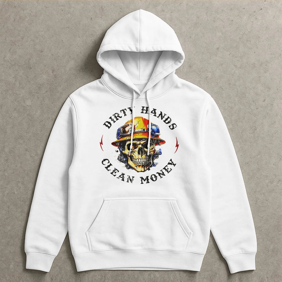 Dirty Hands Clean Money Hoodie | Skull Construction Worker Graphic | Premium Cotton Blend Workwear | Blue Collar Gift For Laborers