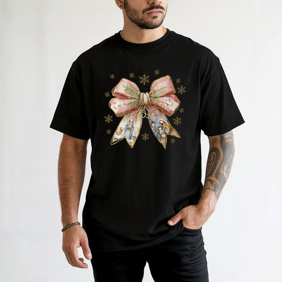 Nativity Scene Coquette Bow T-Shirt | Christian Christmas Graphic Tee | Premium Cotton Holiday Apparel | Religious Faith Gift for Women