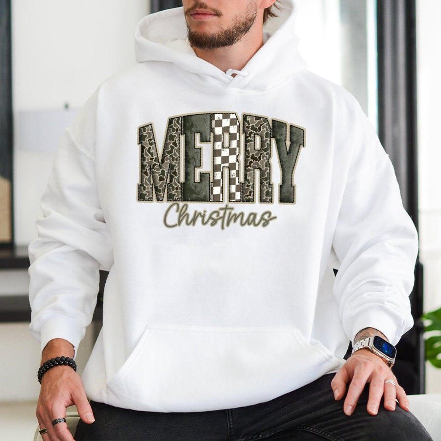Merry Christmas Camo Hoodie | Trendy Checkerboard Graphic | Premium Cotton Blend | Unisex Holiday Gift for Her