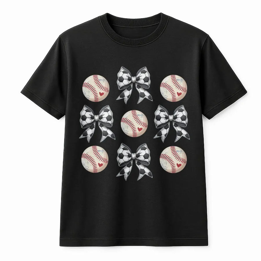 Coquette Soccer Baseball T-Shirt | Game Day Soccer Bow & Baseball Print | Premium Cotton Blend | Gift for Soccer and Baseball Mom