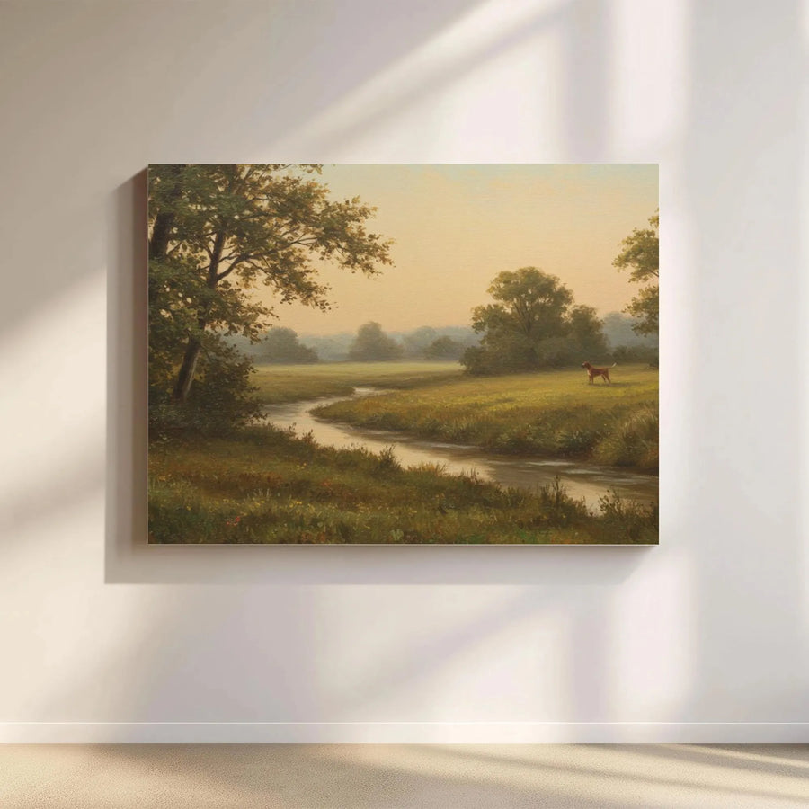 Pastoral Landscape Canvas Art | Vintage River Meadow with Dog Painting | 1.25 Inch Gallery Wrap | Premium Home Decor Wall Print