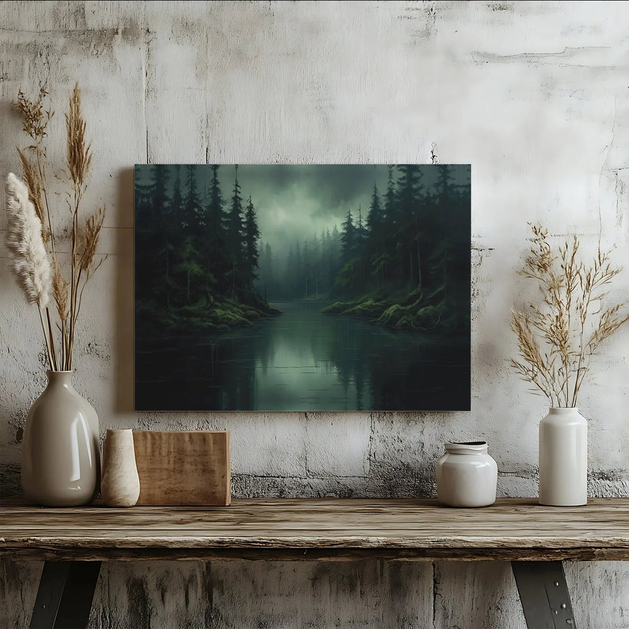 Misty Forest Landscape Canvas | Dark Pine River Wall Art | 1.25 Inch Gallery Wrap | Moody Nature Decor for Living Room Office