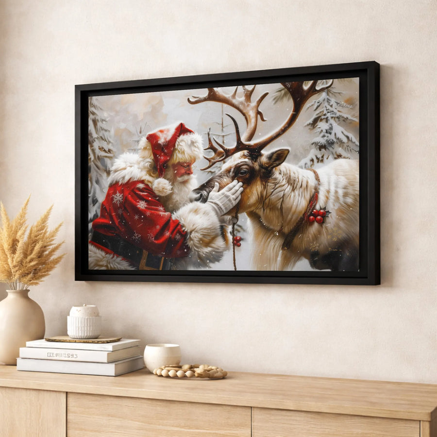 Santa Claus Petting Reindeer Canvas Art | Snowy Winter Forest Scene | Gallery Wrapped 1.25" Thick Frame | Premium Holiday Home Decor Gift